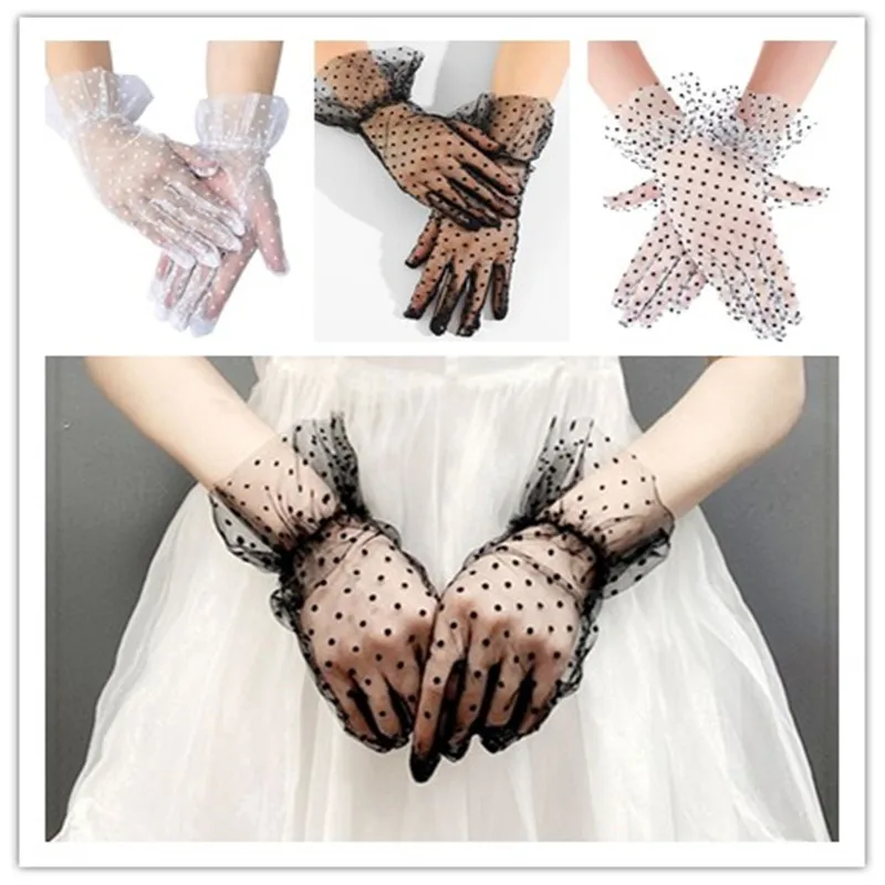 

Sexy Transparentes Dot Print Black White Mesh Tulle GloveSpring Summer Thin Short Glove Club Prom Party Dancing Dress Glove