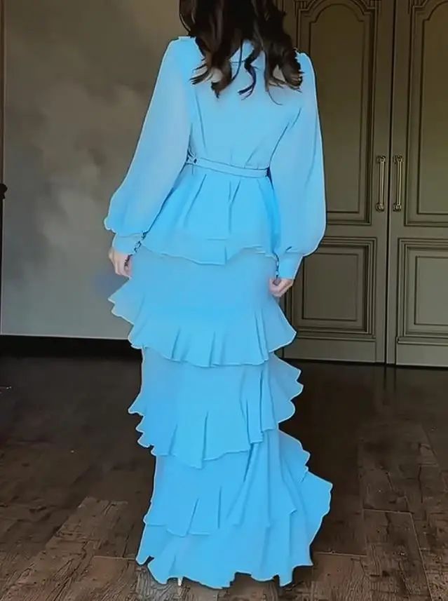 Vestidos femininos strass botão decoração em torno do pescoço lanterna manga maxi vestido com zíper volta em camadas plissado hem chiffon vestido de noite