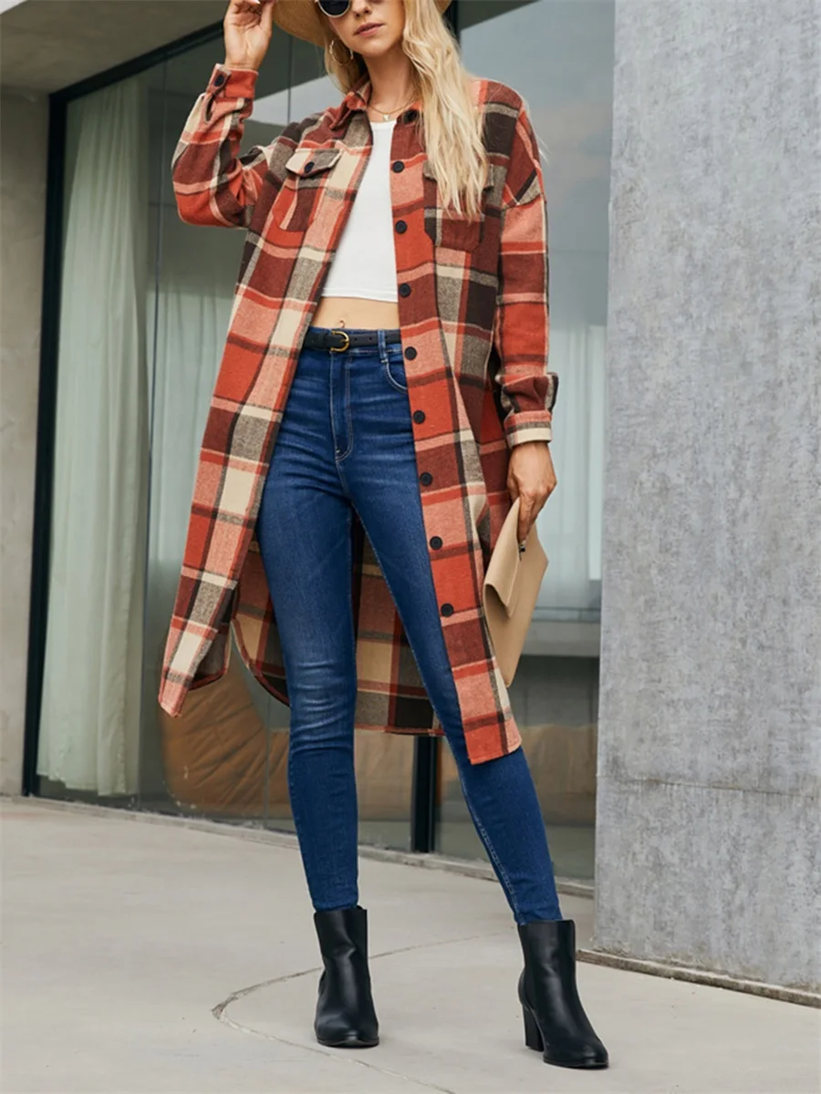 Women s Plus Size Plaid Lapel Neck Long Sleeve Button Down Coat Casual Streetwear Winter Jacket Warm Outwear Coat