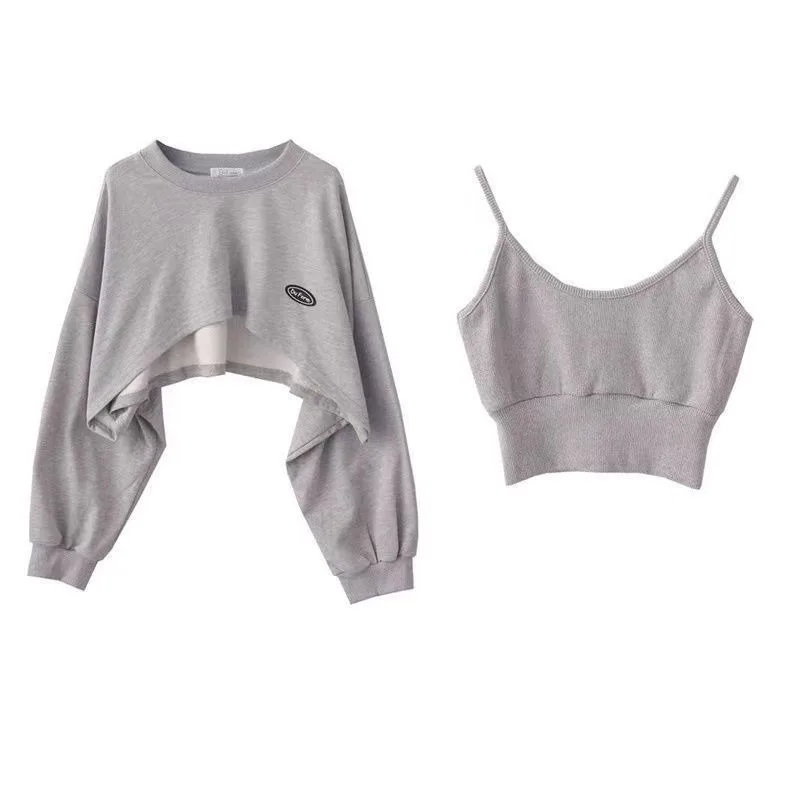 Oversized Crop Sweatshirt and Spaghetti Strap Top Women's Streetwear 2 Piece Set 4 Color Options Sweatshirts Kpop Casual Clothes