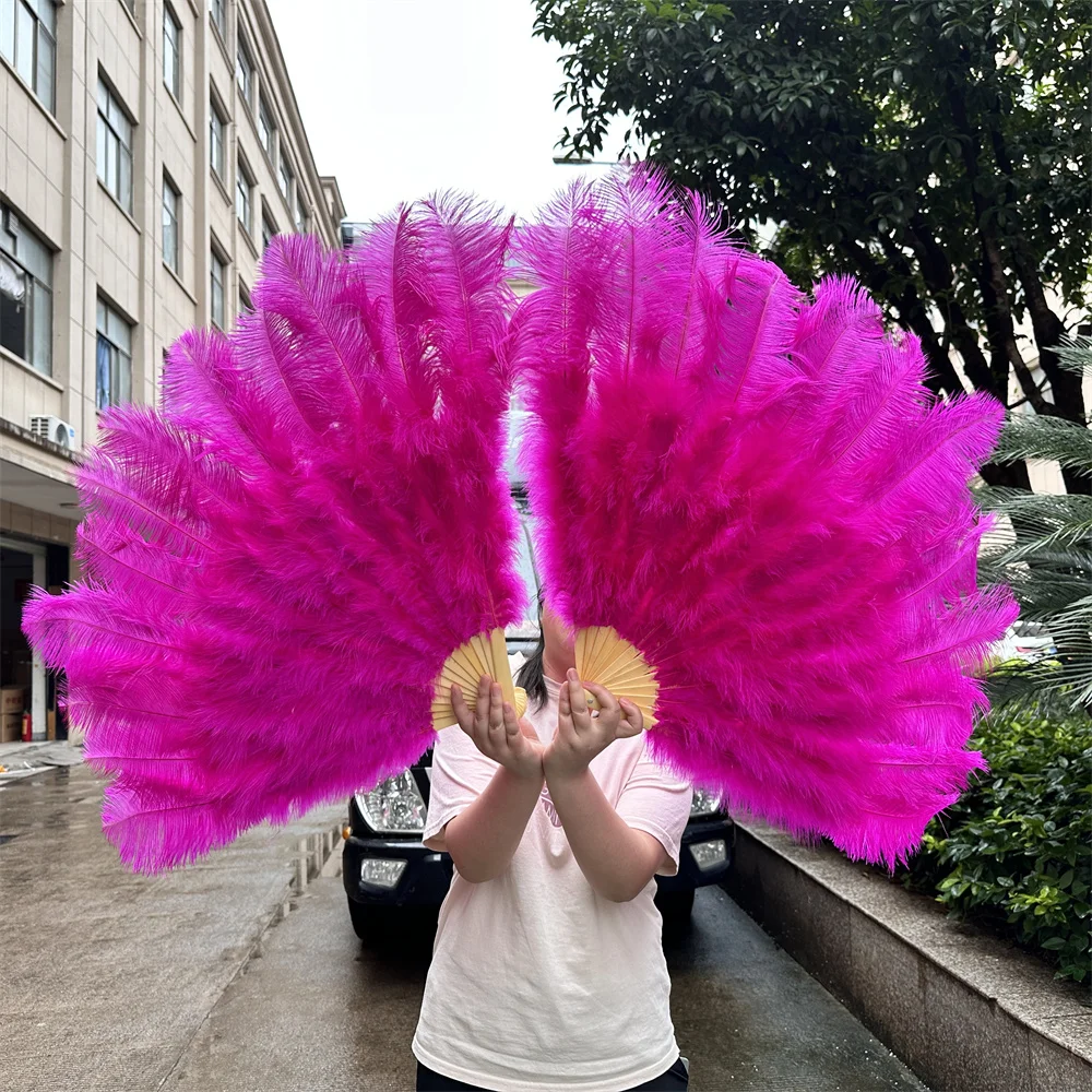 Rose Red 70cm/100cm Ostrich Feather Hand Fan Fluffy Plumes Craft Fan Wedding Party Stage Performance Belly Dancer Accessories