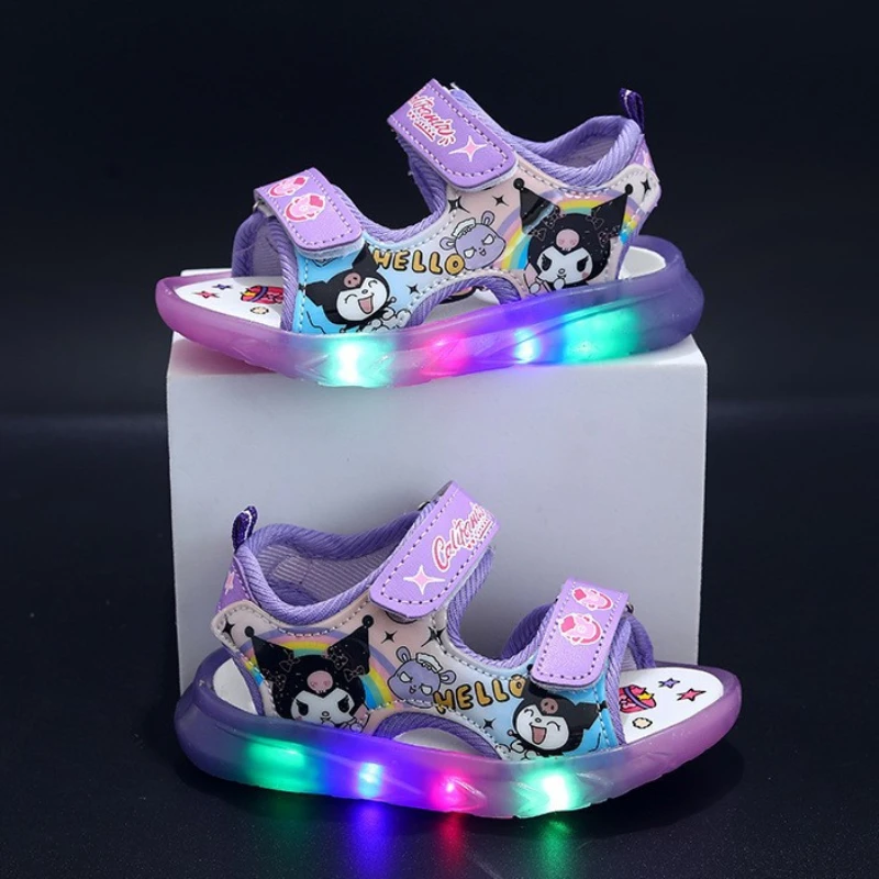 2024 Summer New Baby Led Light Girls Sandals Cute Kuromi Children\'s Casual Shoes Anti-slip Kids Beach Shoes Outdoor Shoes