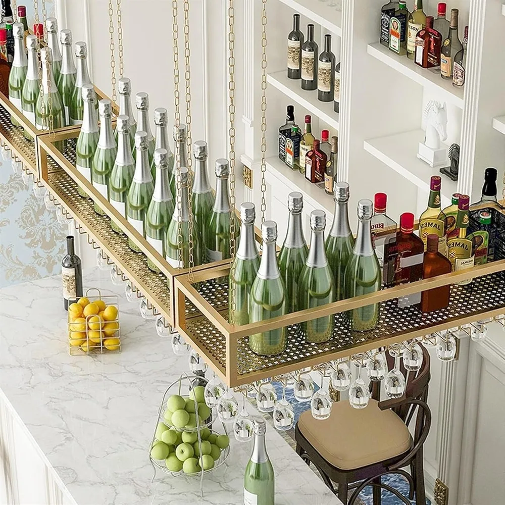 

Ceiling Wine Rack - Hanging Floating Shelves, Multifunction Iron Retro Style Storage , Height Adjustable Industrial Gold Display