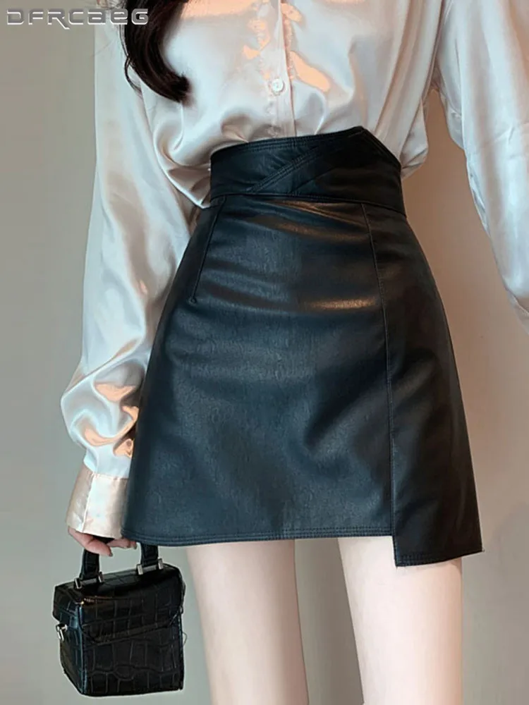 

Осень-зима, черная корейская нерегулярная юбка трапециевидной формы для женщин, тонкая сексуальная короткая юбка из искусственной кожи с высокой талией, женские