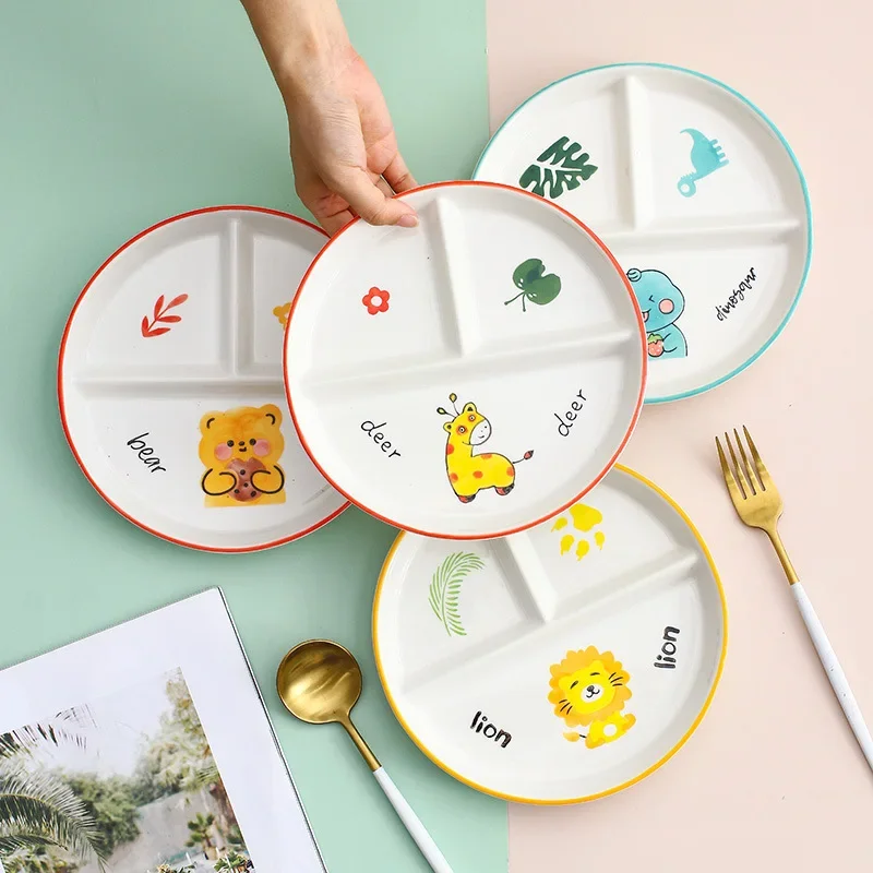 

Divider Plate Ceramic Dish Serving Platter Children's Tableware Cartoon Ceramic Grid Plate for One Person Breakfast Plate Bowl