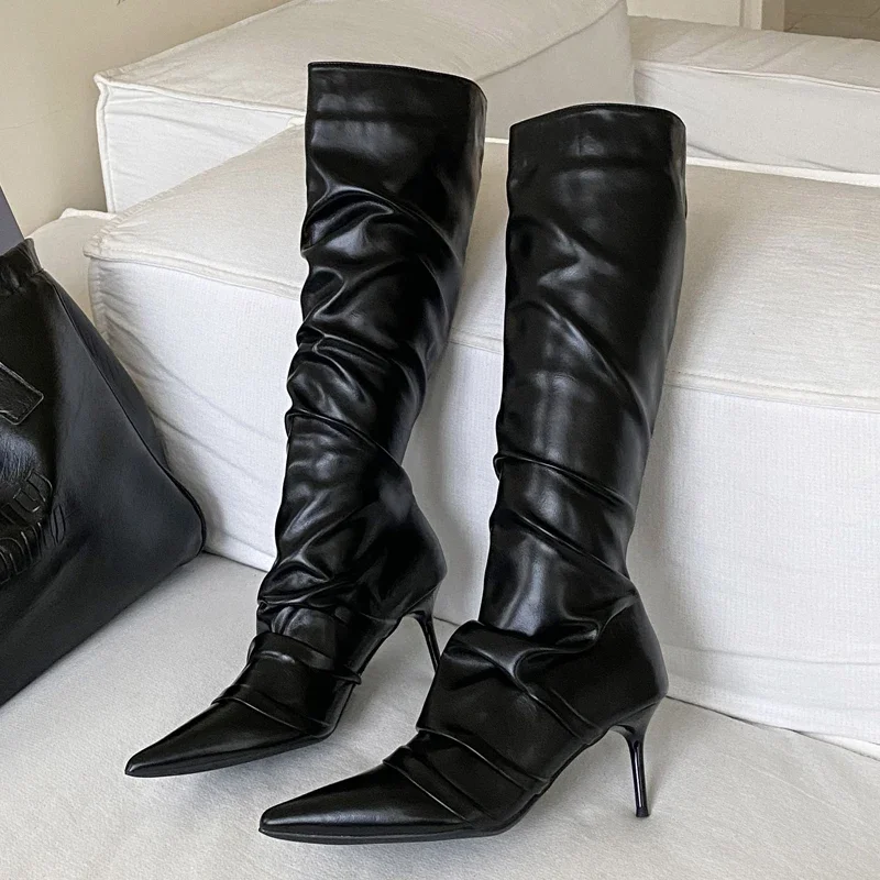 

Aneikeh/модные женские сапоги до колена на тонком высоком каблуке, осень-зима, плиссированные женские сапоги до колена с острым носком, женская обувь для стриптиза