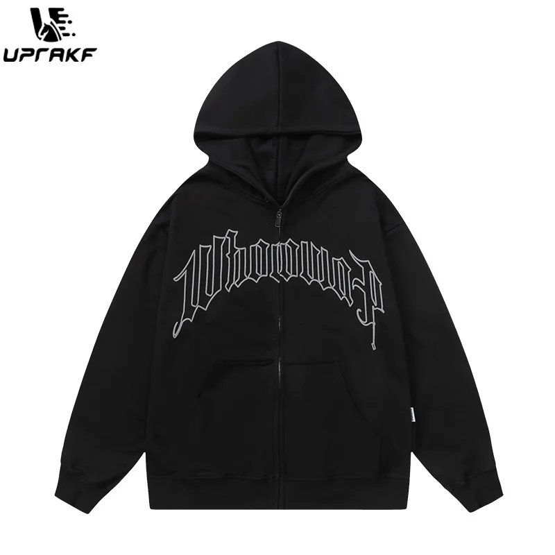 UPRAKF Retro Cross Letter Print Hoodie Streetwear Hip Hop Casual Tops Simple Design Pullover Long Sleeve Autumn