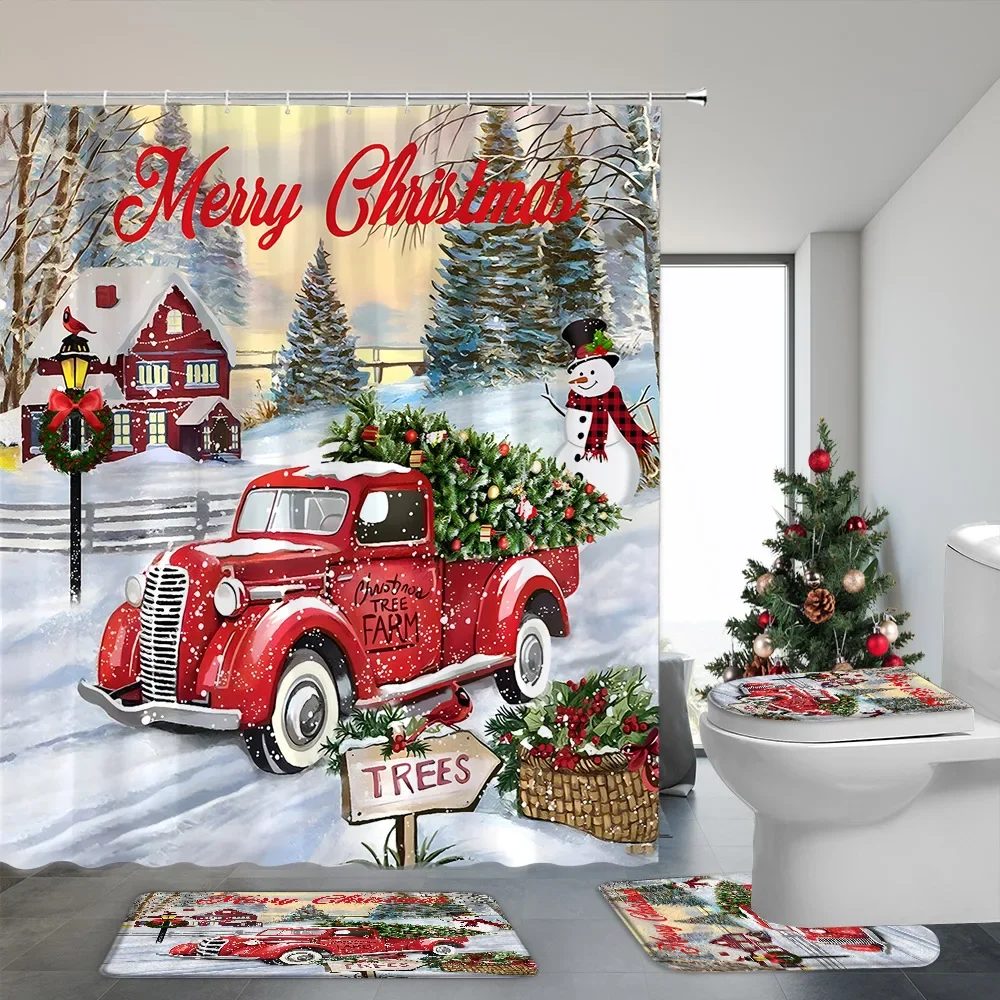 4 Pcs Set Tirai Mandi dan Karpet Kamar Mandi Natal Snowman Hadiah Natal Tirai Mandi Poliester Cedar Keset Kamar Mandi Dekorasi Kamar Mandi