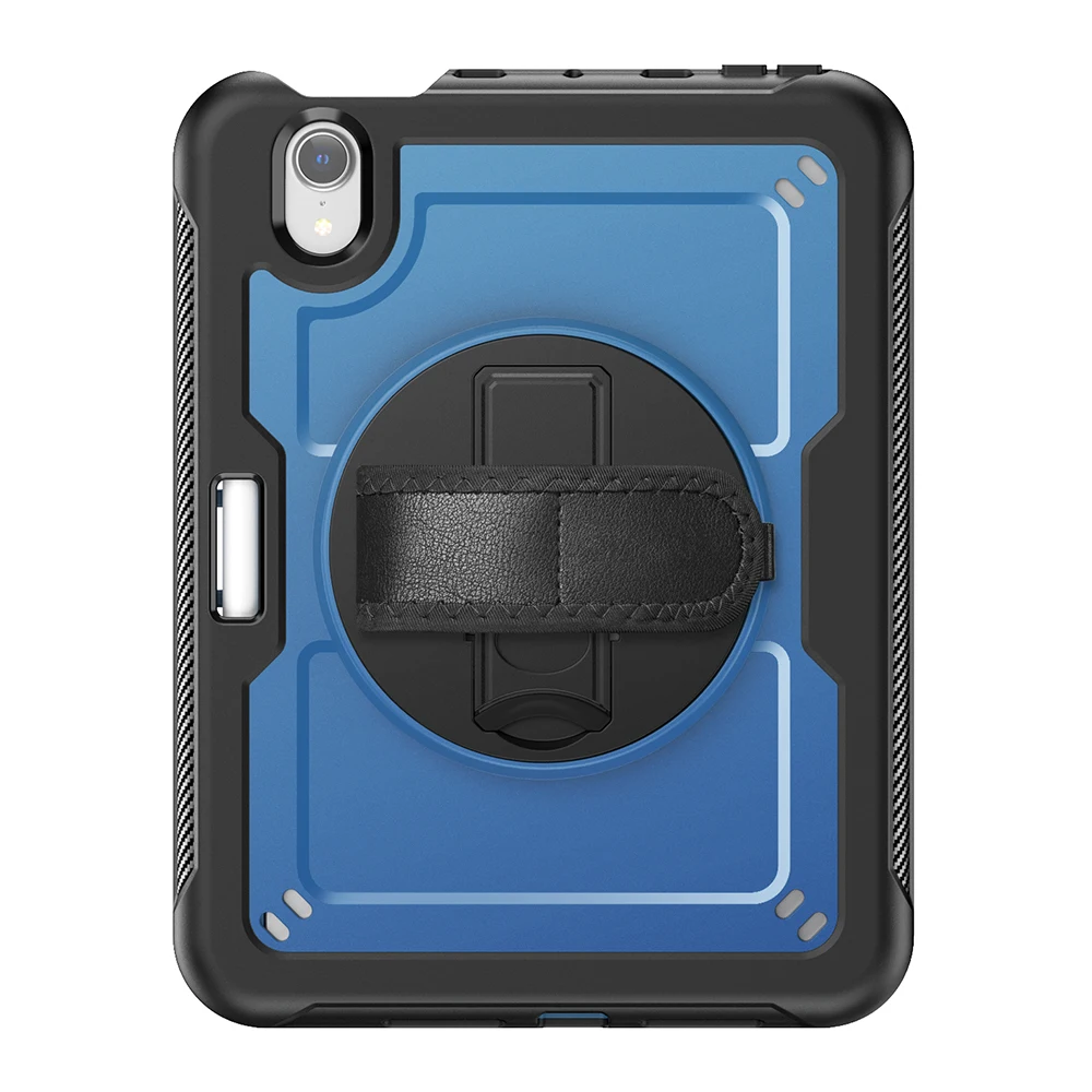 For iPad mini (2024)  /  (2021) Case Kickstand PC TPE Tablet Cover with Hand Strap - Navy Blue