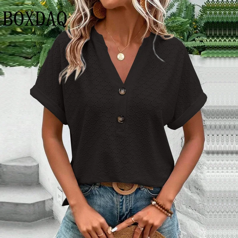 Women Summer Trendy Simple Casual Fashion Button T Shirt V Neck Short Sleeve Solid Loose Pullover Tops Plus Size Ropa De Mujer