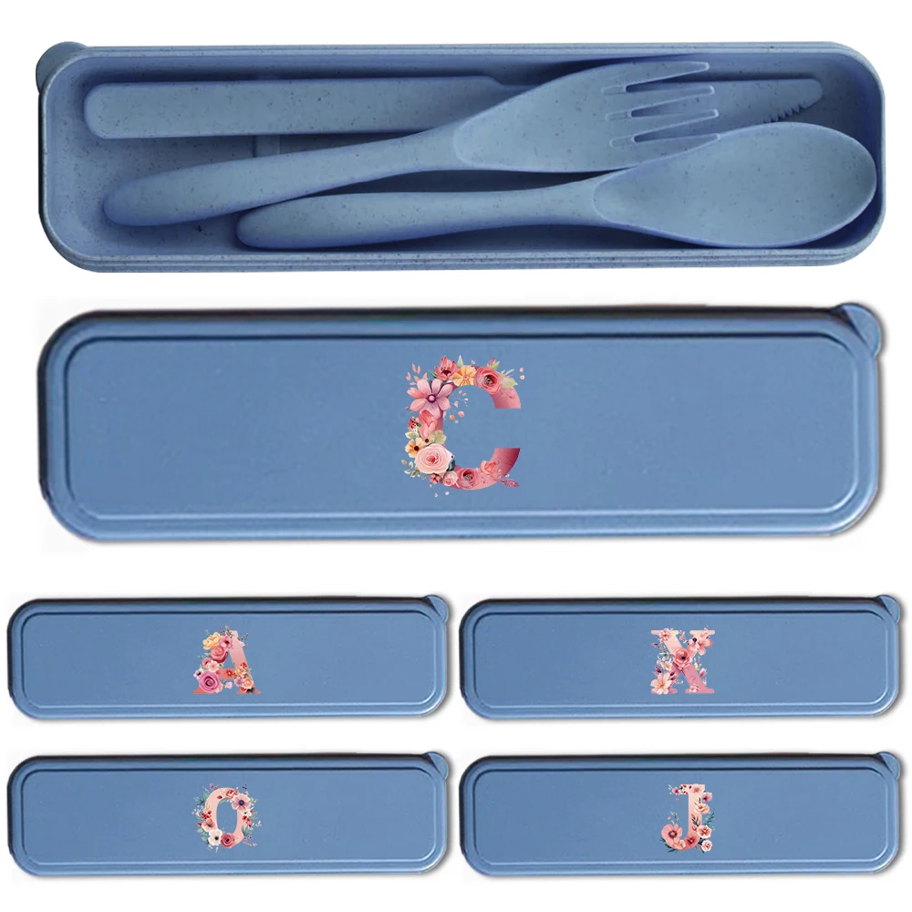 

Wheat Straw Dinnerware Durable With Fold Spoon Fork Knife Travel Utensils Set With Box Pink Rose Initial Name 26 Letters Pattern