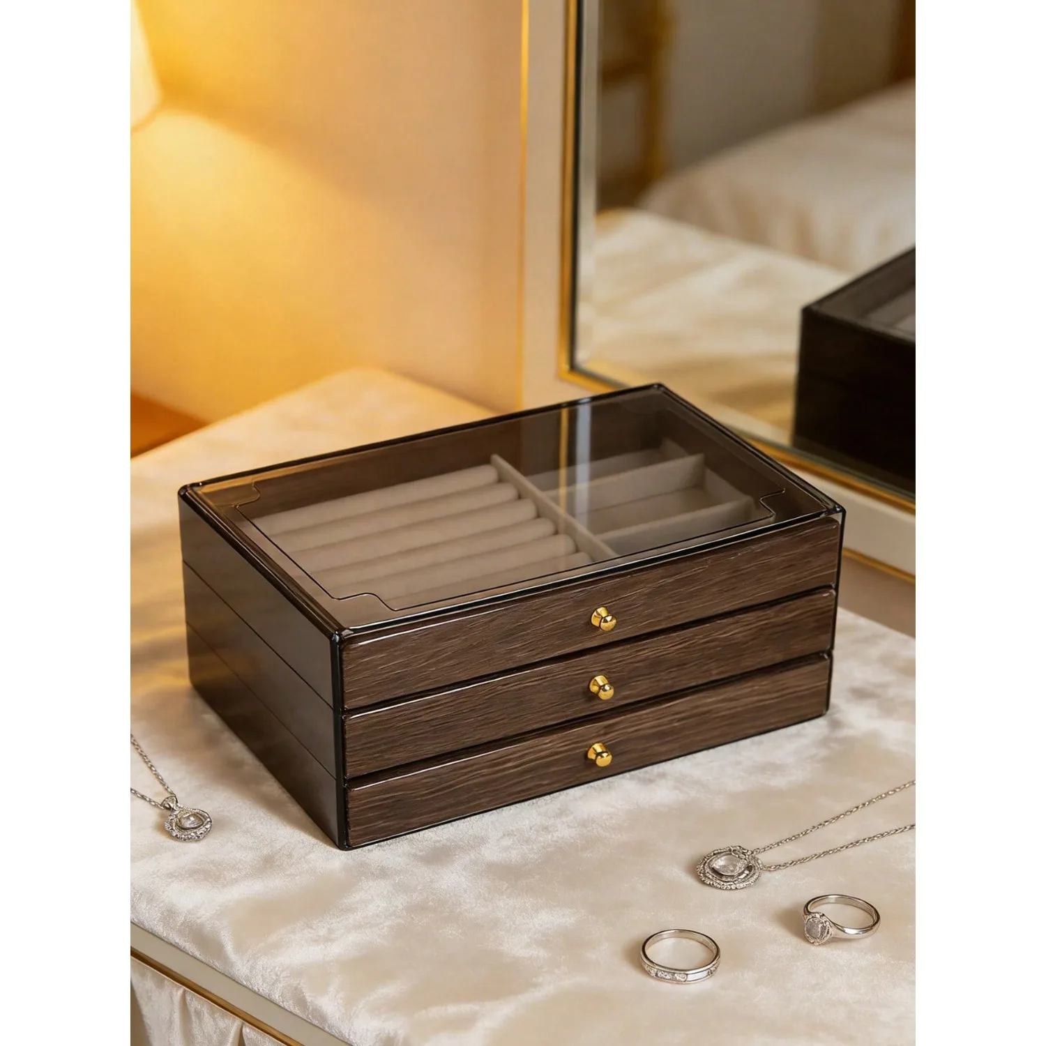 

1pc Luxury Walnut Jewelry Box, 3-Tier Wooden Jewelry Storage Organizer With Drawers, Acrylic Jewelry Display Case, Classic Desig