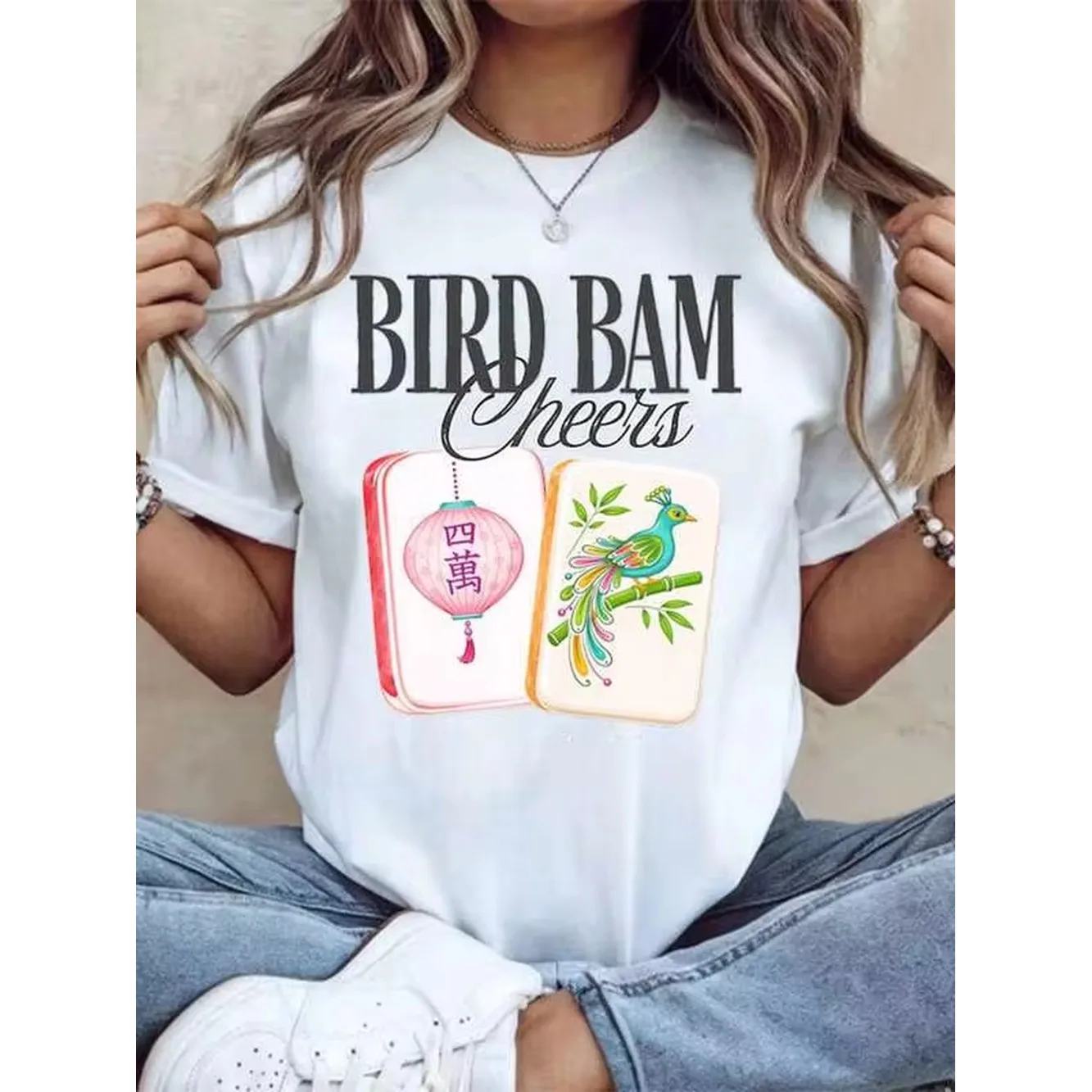 Bird Bam Cheers Mahjong Tile Design T-Shirt With Peacock And Lantern Graphic For Women Casual Wear Chinese New Year Festival Gift,220g