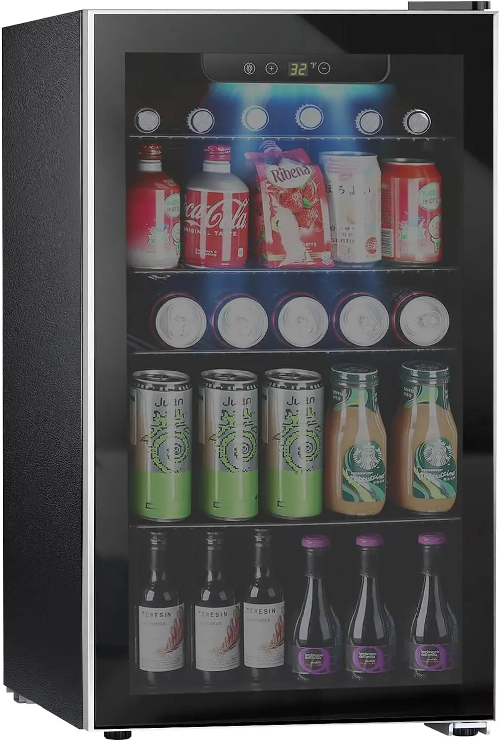 Mini Beverage Refrigerator and Cooler - 130 Can Mini Fridge with Glass Door, Digital Temperature Control, LED Light, Rever