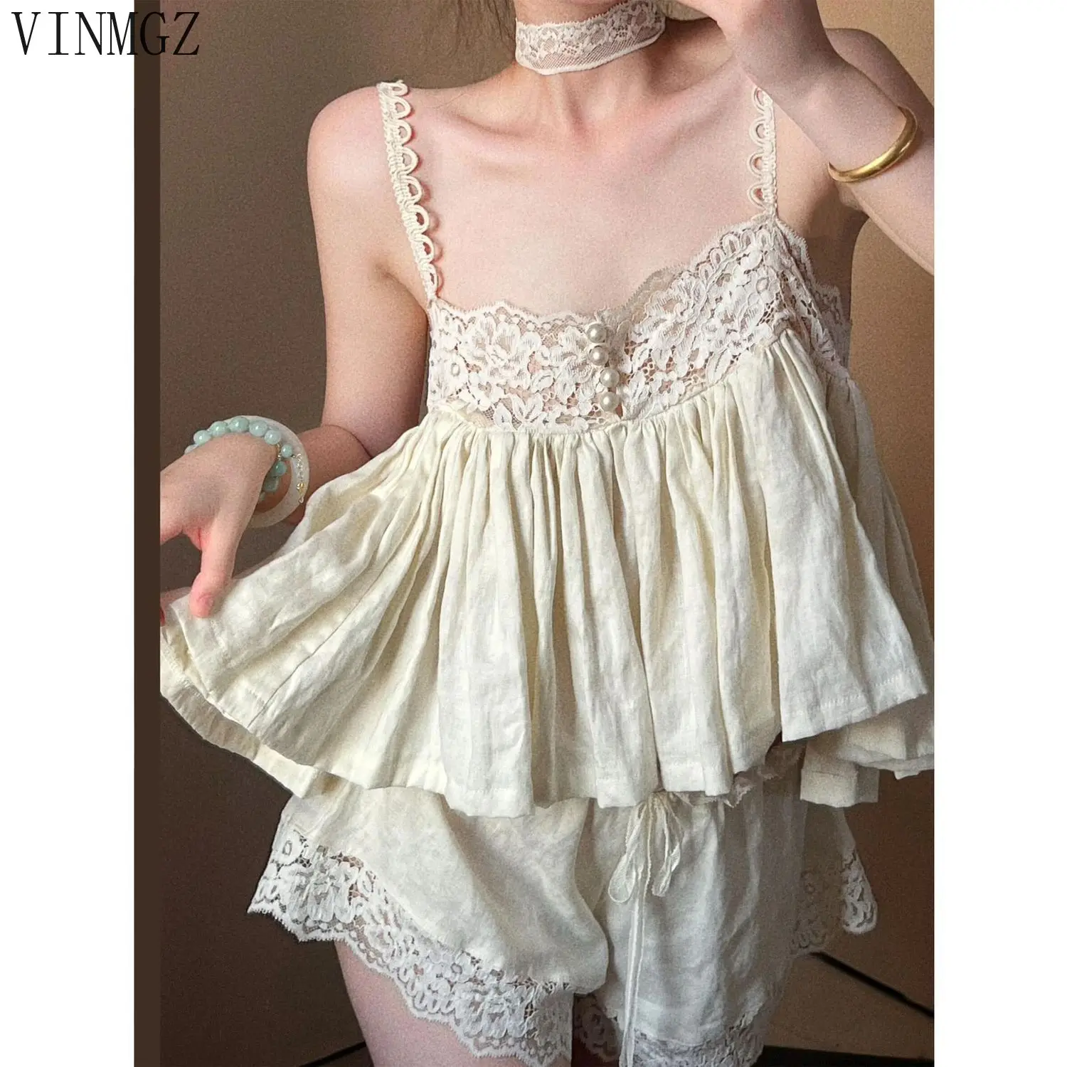Fattened wear sexy lace suspender pajamas women's summer shorts can be worn outside home suit