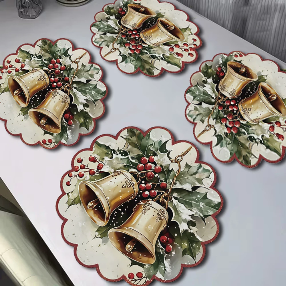 Christmas Bells Placemat Holly Red Berry Winter Snow Table Mat For Christmas Festive Dining Table Decor Holiday Home Decoration