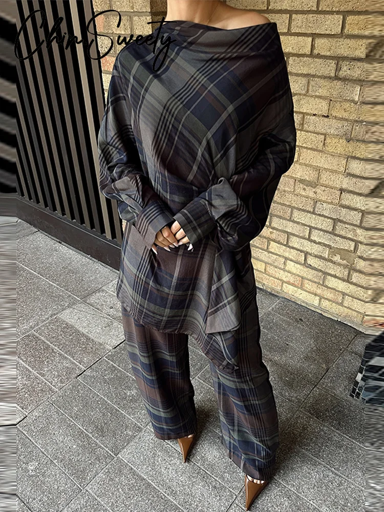 ชุดเซ็ตเสื้อเชิ้ตลายสก็อตสุดหรูสำหรับผู้หญิง แฟชั่นเสื้อคอโอ แขนยาว จับจีบ พร้อมกางเกงขายาวทรงตรง  ชุดฤดูหนาว-ฤดูใบไม้ผลิ 2025 สำหรับสุภาพสตรี