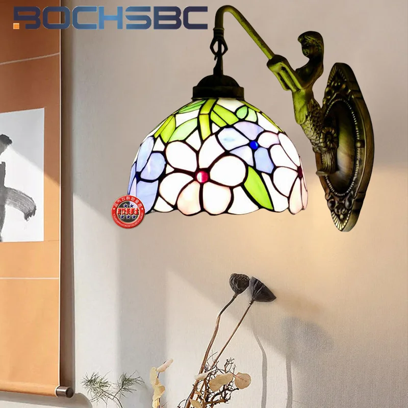 

BOCHSBC Tiffany style glass dragonfly rose wall lamp for European living room bedroom headboard aisle wall light LED decor