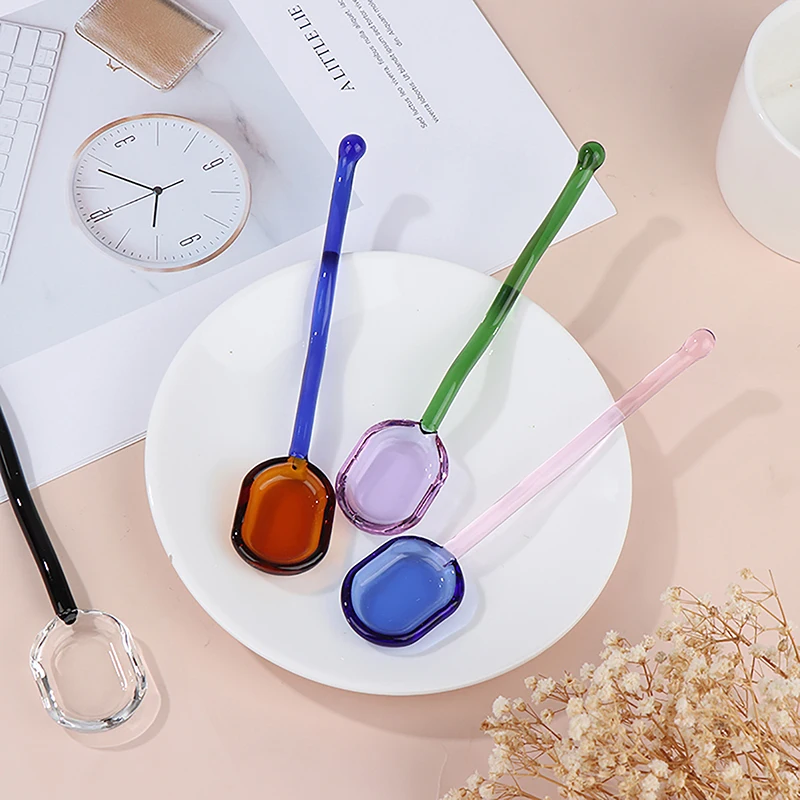 1Pc Creative Glass Milk Spoons Colored Transparent Coffee Dessert Stirring Spoon Long Handle Spoon Kitchen Tableware