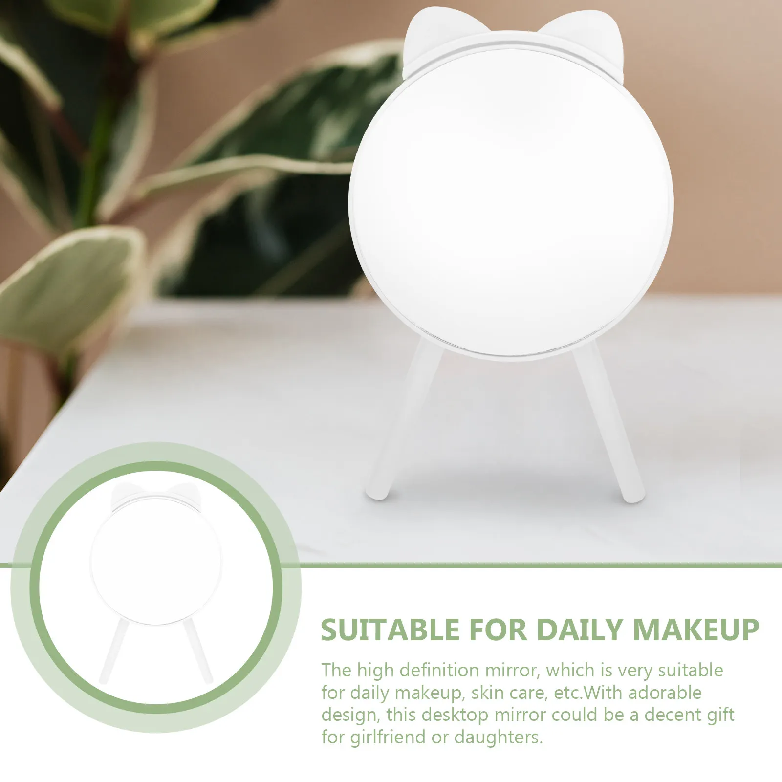 1Pcs Cat Ear Mirror Desktop Round Tripod Based Stylish Makeup Mirror Decorative Tabletop Makeup Tool for