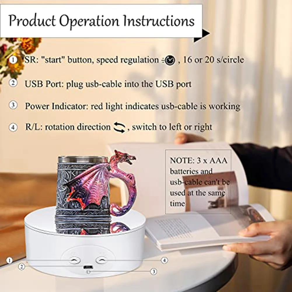 【STABLE QUALITY】Cup Turner Rotating Display Stand for Tumblers, 360 Degree Automatic Mute Turntable for Photography Display