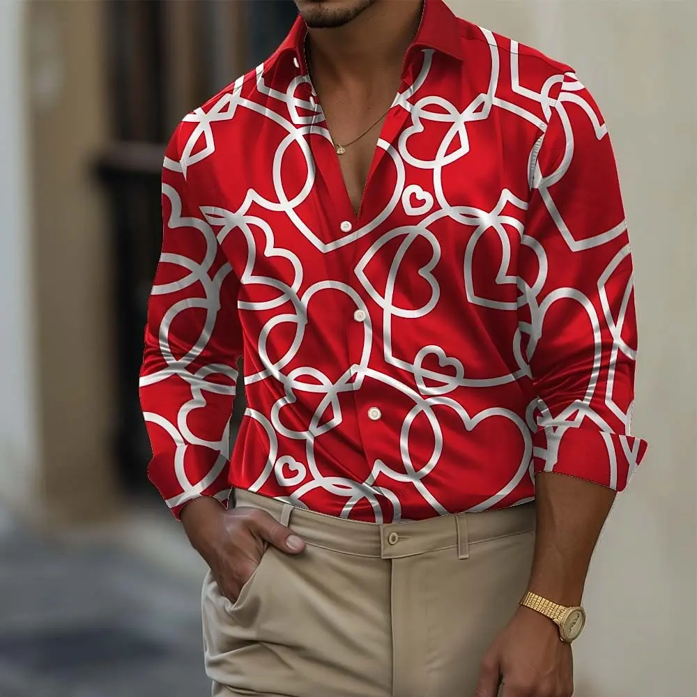 Men Fashion Button‑Up Shirt Romantic Heart Print Long Sleeve Turn‑down Collar Casual Top Daily Wear
