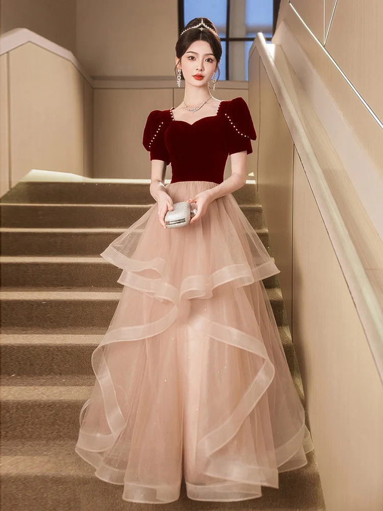 

Red Wedding Dr Ele Princ Sle Long Evening Gown for Bride Engagement Par Lightweight Luxury Beaded Pearl Detail