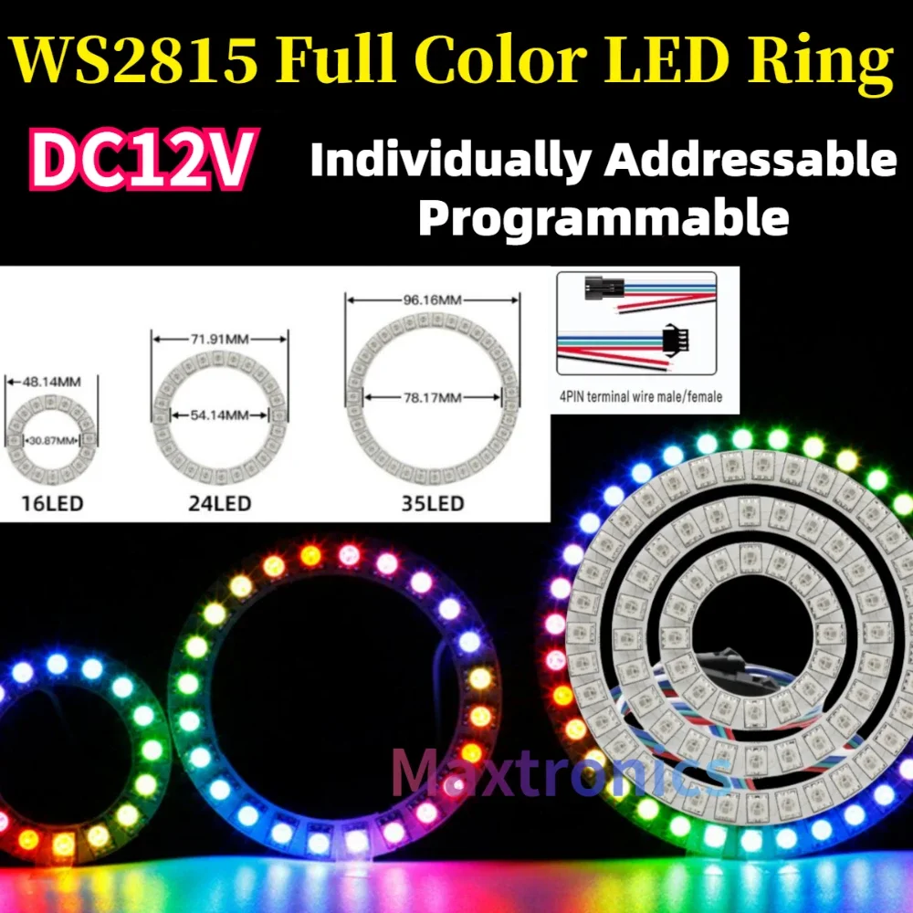 

RGB WS2815 LED Ring Individually Addressable 16/24/35LED Colorful Built-in IC SMD5050 4PIN Wire Programmable Modules Light DC12V