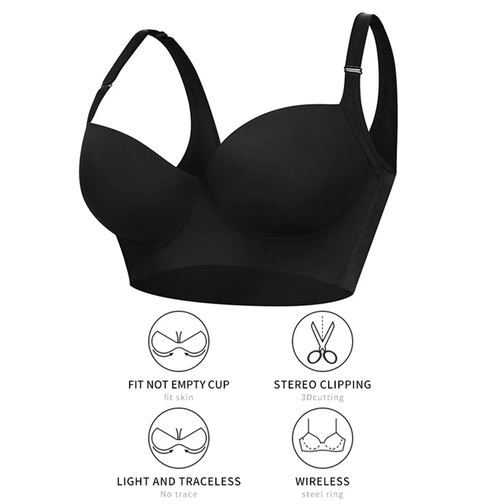 Large Size Soft Wirefree Bra Women Push-up Seamless One-piece Comfortable Black Underwear Sleeping Bras 34B-46D Adjustable Strap