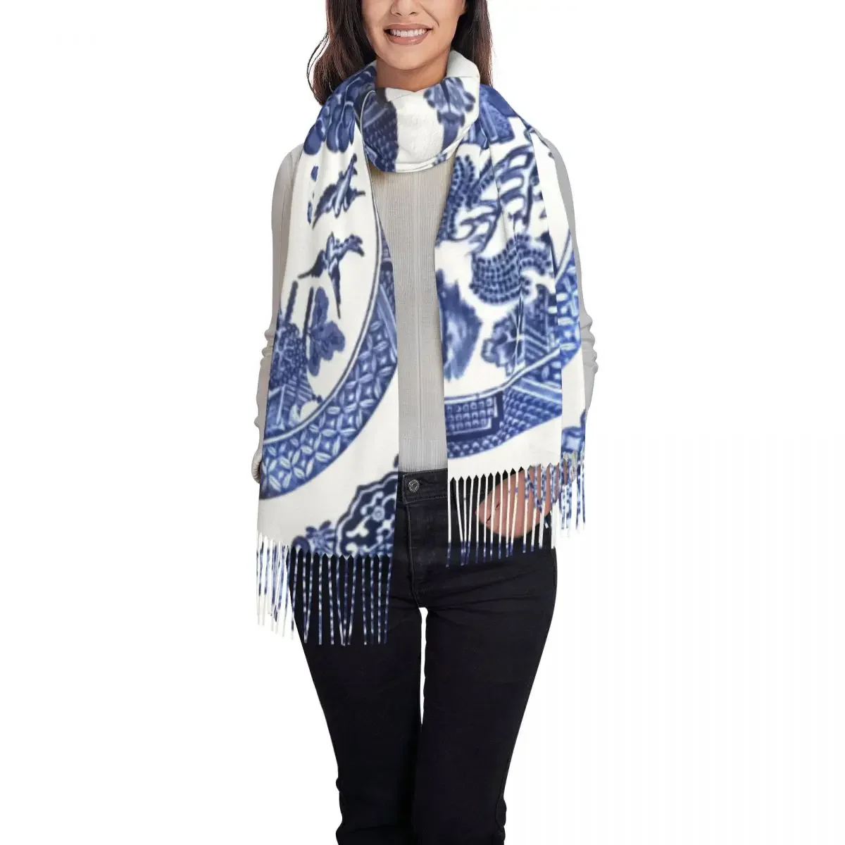 Blue Willow Tassel Scarf Women Soft Blue Delft Chinoiserie Shawls Wraps Lady Winter Scarves