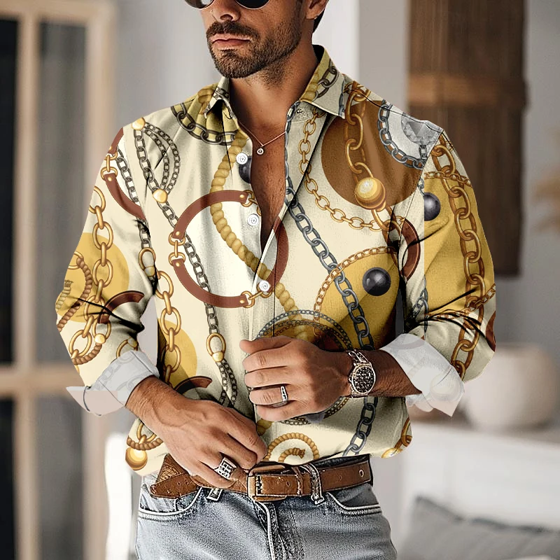 Fashion Chain Graphic Print Shirts Daily Casual Lapel Long Sleeve Men's Shirt 2024 Autumn New Men's Clothing Button Up Shirts