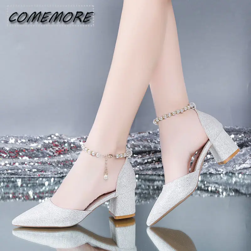 Elegant Ladies Pointed Toe Pearl Wedding Shoes Bride String Bead Ankle Strap Pumps Comfortable Thick High Heels for Women\'s 2024