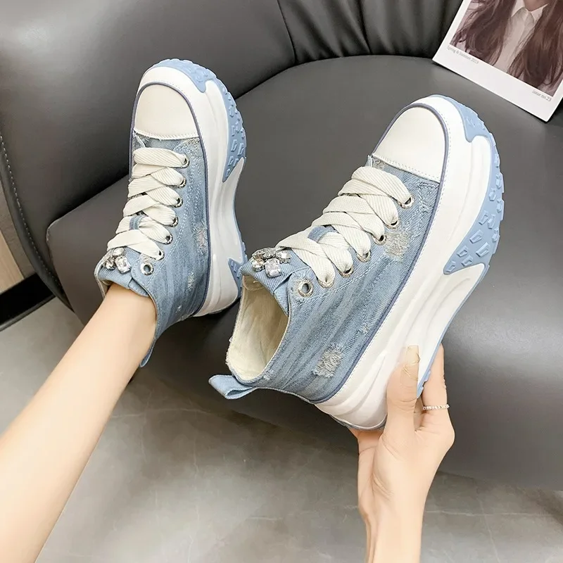 2023 Autumn Canvas Shoes Colorful Fashion Thick-soled Heightening Casual Sports Shoes High Platform Women Sneakers Shoes 6cm