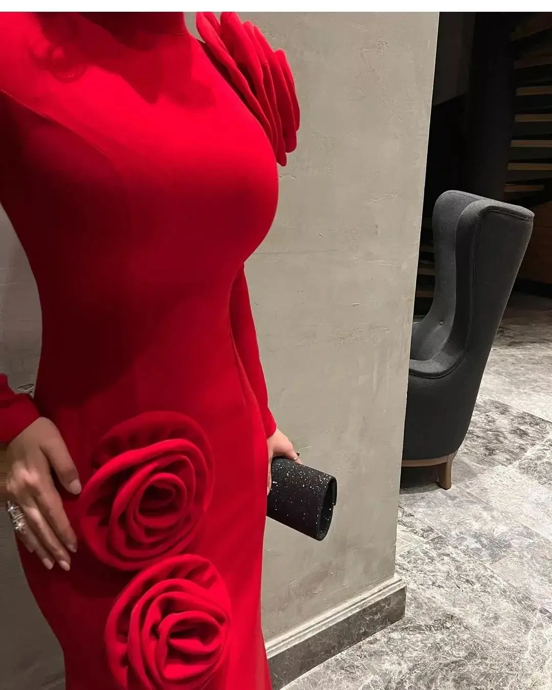 Aenyrst Elegant Red 3D Flowers Prom Dress High Neck Long Sleeve Party Evening Gown cuatomized Floor Length Formal Occasion Gowns