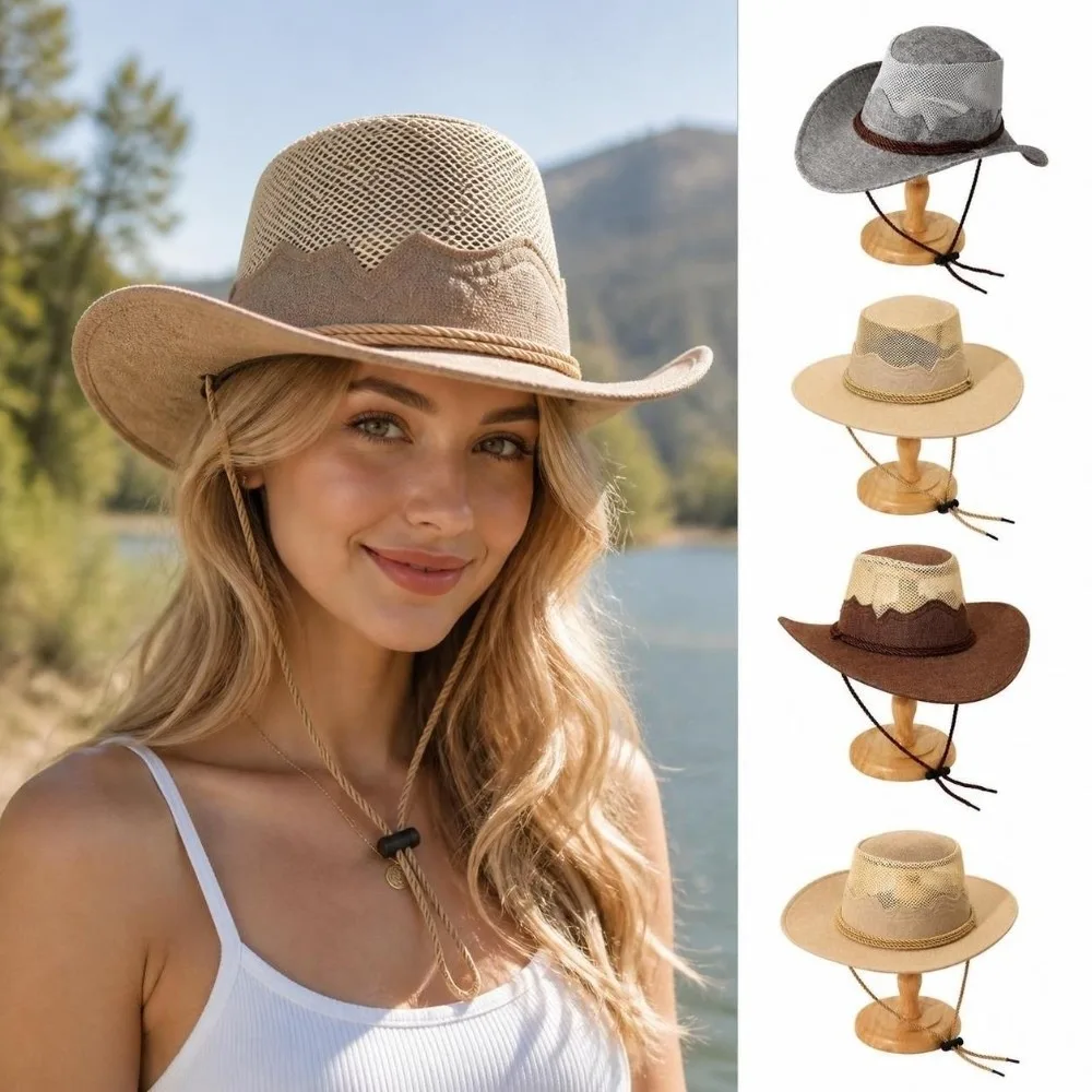 Cotton Linen Blend Western Cowboy Hat Wide Brim Windproof Wide Brim Hat Chin Strap Hollow Out Sun Protection Hat