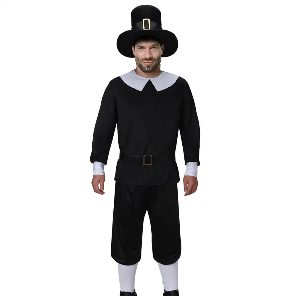 

Mens First Pilgrim Cosplay Costume Colonial Times Uniform Hat Top Belt Pants Socks Halloween Party Suit Takerlama