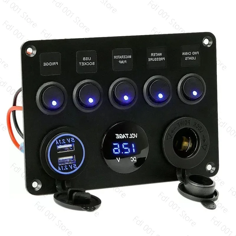 5-Way Round Rocker Switch Panel with USB Voltmeter & Cigarette Lighter Socket, 12V/24V Waterproof for Car Truck Marine DIY