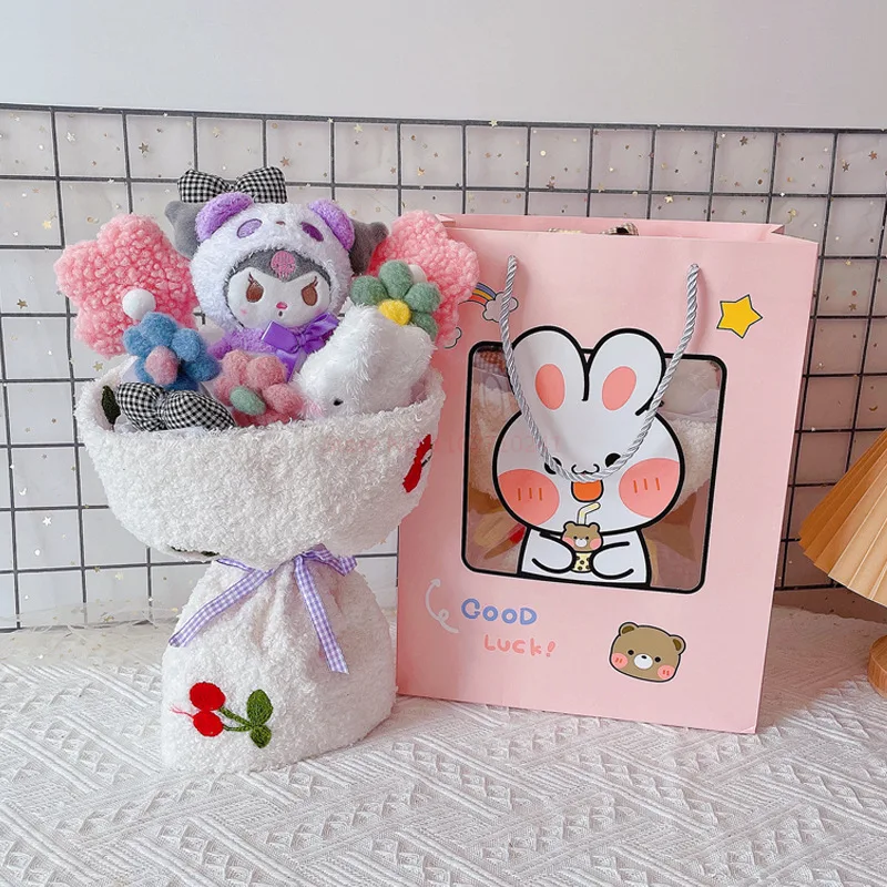 Peluche de dessin animé Hello Kitty My Melody Kuromi, jouet à fleurs, Bouquet Sanrio, boîte cadeau de noël, saint valentin