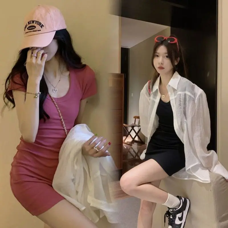 Pure Desire Wind Sweet Spicy Girl U-hals Korte Mouwen Tas Hippe Rok Dames Zomer Stijl Show Body T-shirt Jurk Strakke Rok