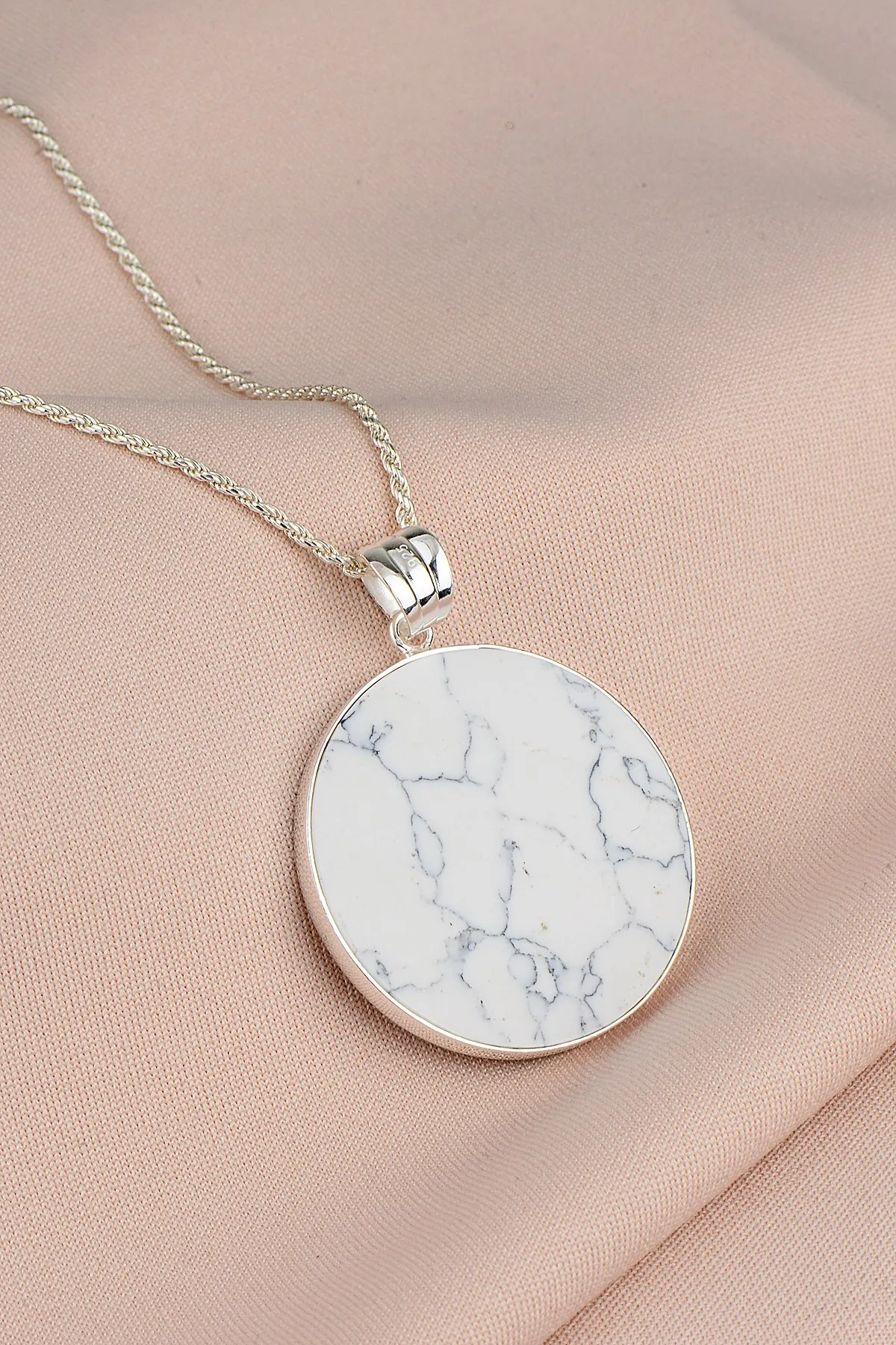 White Howlite Necklace , Silver Round Howlite Necklace , Genuine Stone Pendant , Large White Howlite Stone Pendant , 925k Sterli