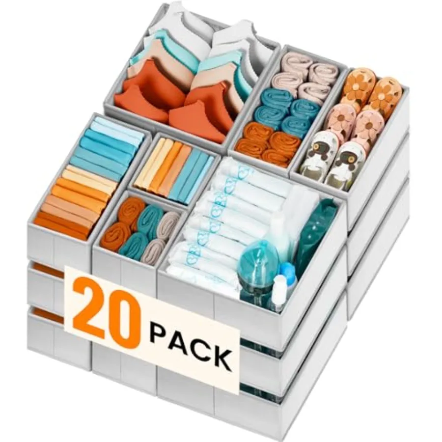 

FAMILY PACK Drawer Organizer Clothes, 20 Pack Dresser Organizer Bins for Baby Clothes - Underwear Bra Sock Organizer - Fabric C