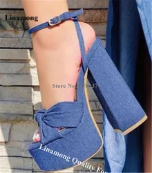 Linamong Denim High Platform Chunky Heel Sandals Fashion Open Toe Ankle Straps Block Heel Jean Dress Shoes Party Pumps