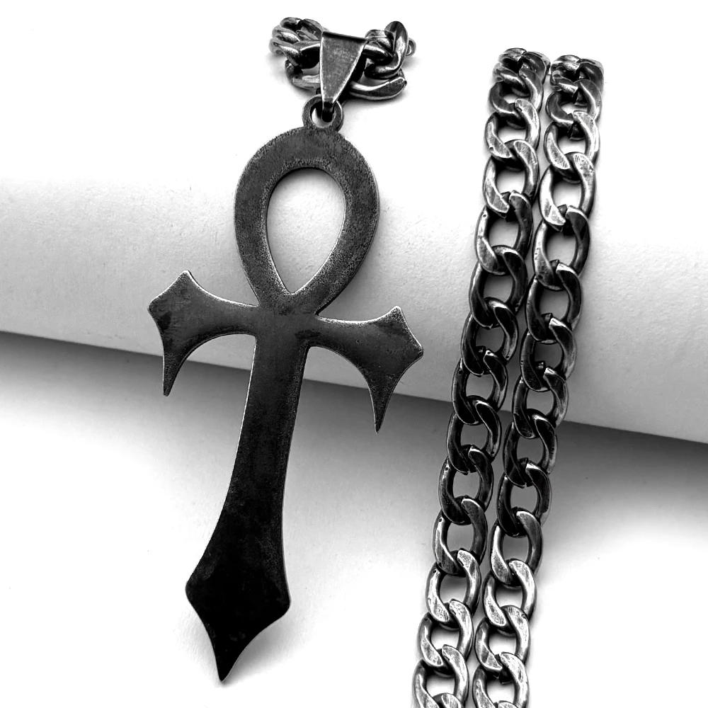 Goth Egyptian Cross Ankh Key of Life Pendant Necklace Stainless Steel Black Color Amulet Chain Necklaces Gothic Jewelry Gift