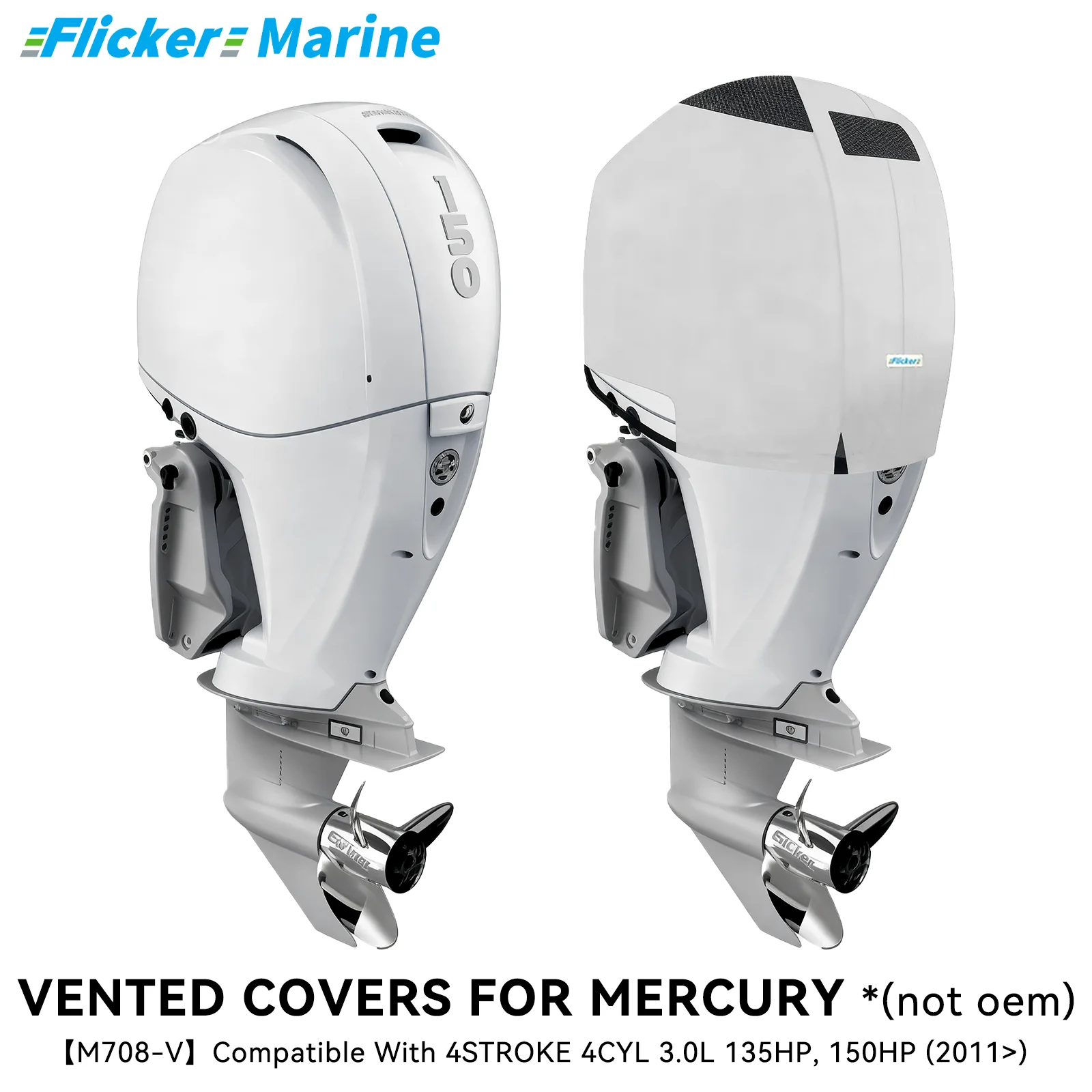 Flicker Vented Outboard Cover Compatible with Mercury 135/150HP, Reinforced Canvas, Fleece Lined, Secure Fit, All-Season