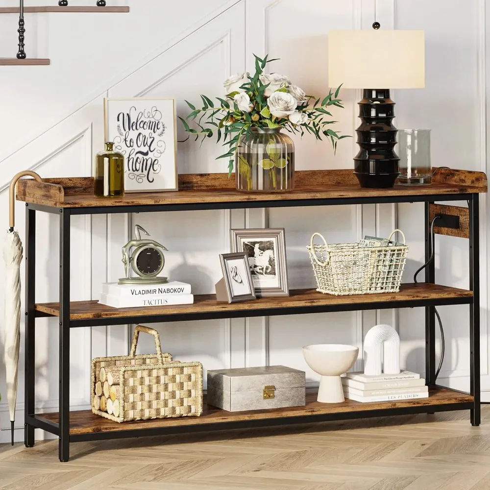 

Console Table, Sofa Table with Power Outlet, Farmhouse Hallway Table for Entryway, Living Room, Height Adjustable