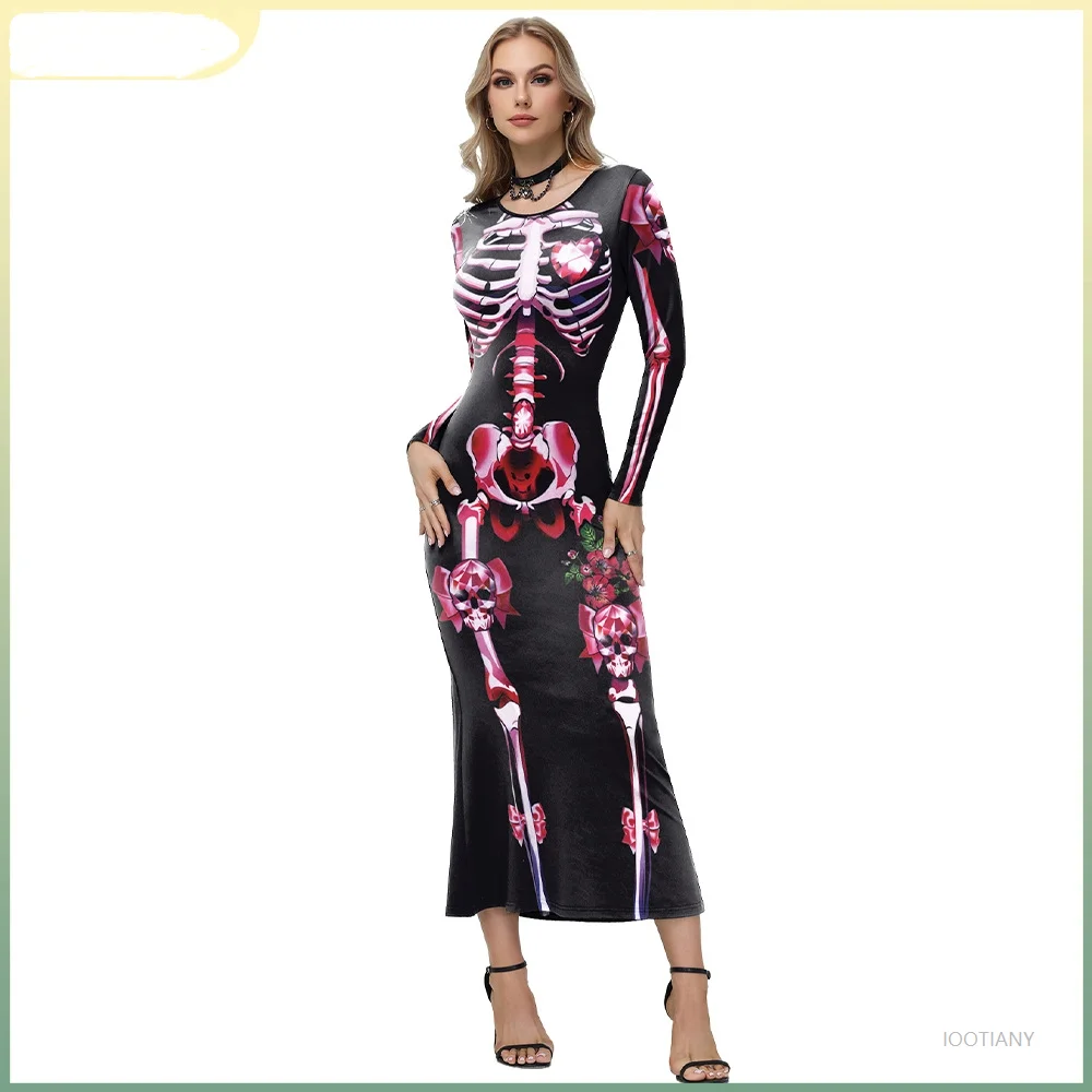 

Girls Halloween Haunted House Theme Party Long Sleeve Pullover Cosplay Women's Cartoon Skull Heart Skull Pattern Printed Dress