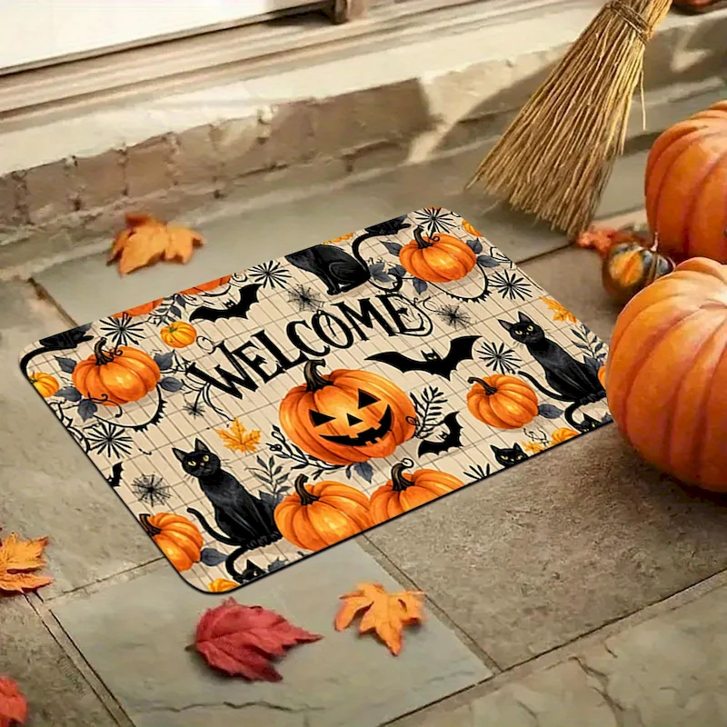 VIKAMA Halloween Welcome Pumpkin Black Cat Door Mat Anti Slip Waterproof Floor Mat Bat Maple Leaf Floor Mat Home Decoration