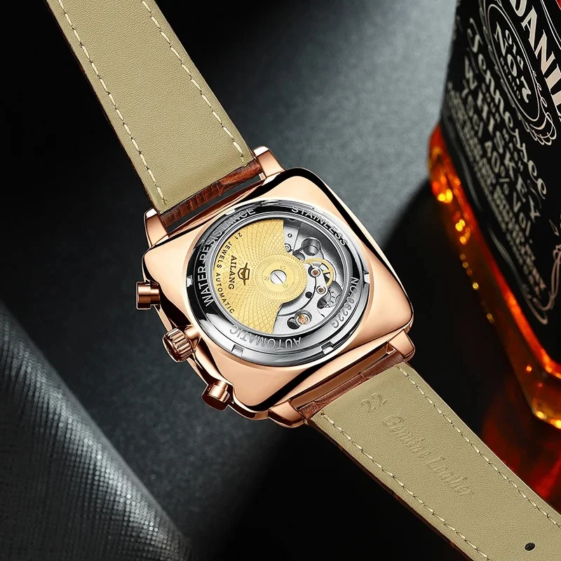 AILANG 8655 Men’s Square Tourbillon Automatic Mechanical Watch, Large Green Dial, Leather Strap, Waterproof, Fashion Wristwatch,