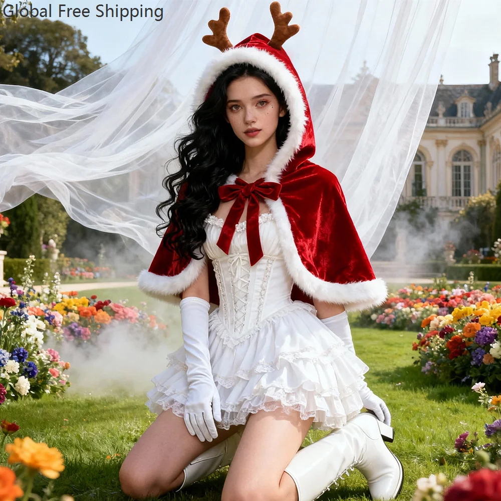 2025 عيد الميلاد قرن الوعل كيب السيدات لطيف عيد الميلاد مقنعين عباءة الأحمر رقيق مثير حفلة عيد الميلاد تأثيري مرحلة الأداء فستان
