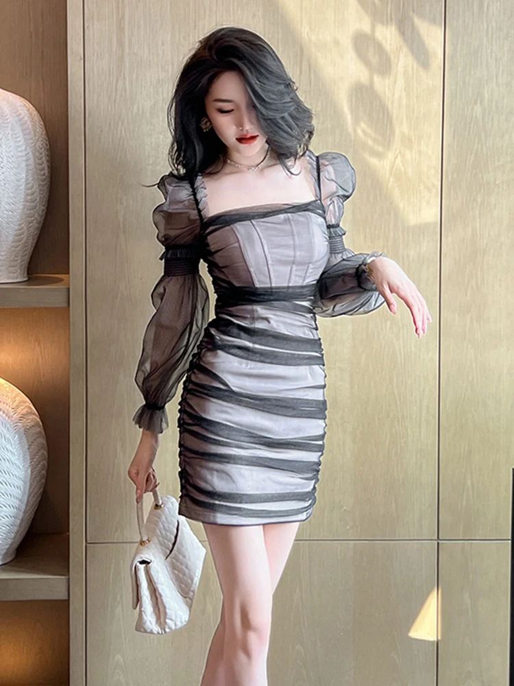 Spring Mini Dresses for Women 2023 Cute Sexy Perspective Black Mesh Dress Bubble Sleeves Pleated Slim Gown Femme Banquet Vestido